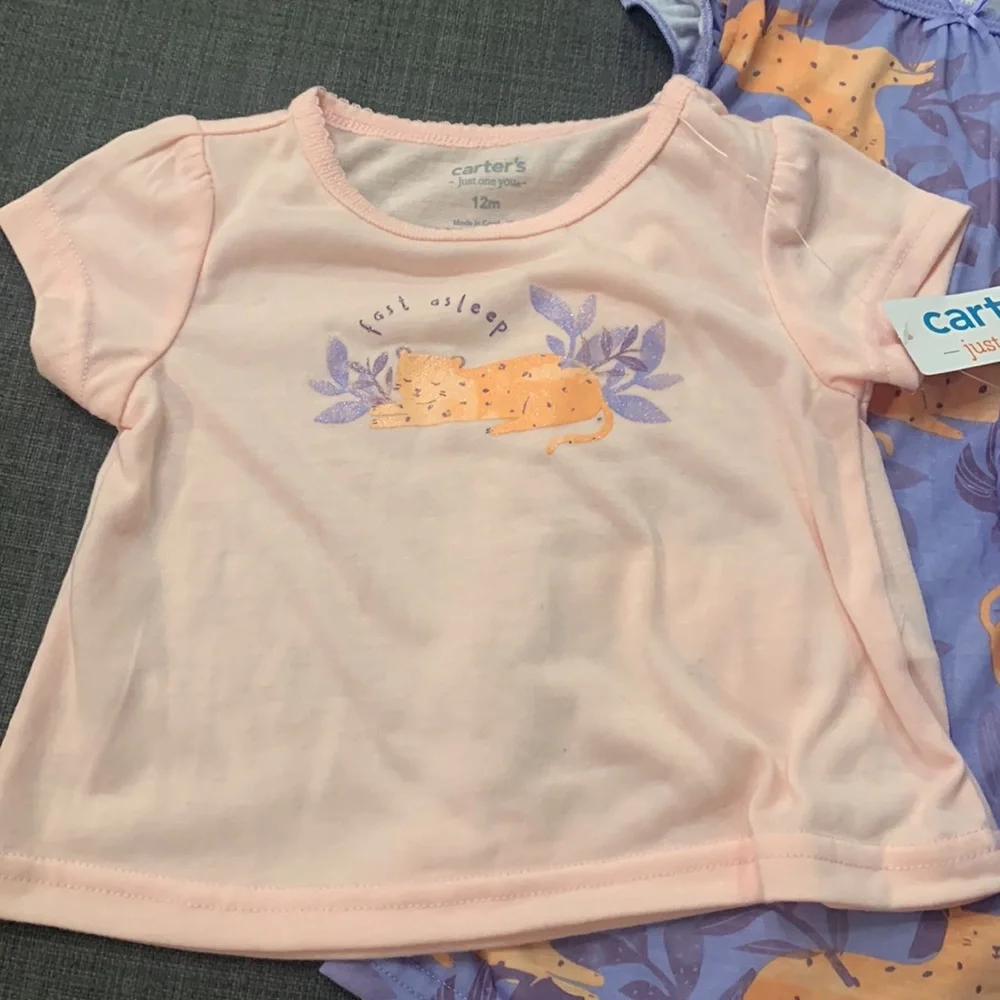 Carters NEW 3 Piece Shirt Shorts Dress Pink Purple 12 Mths Graphic “Fast Asleep”